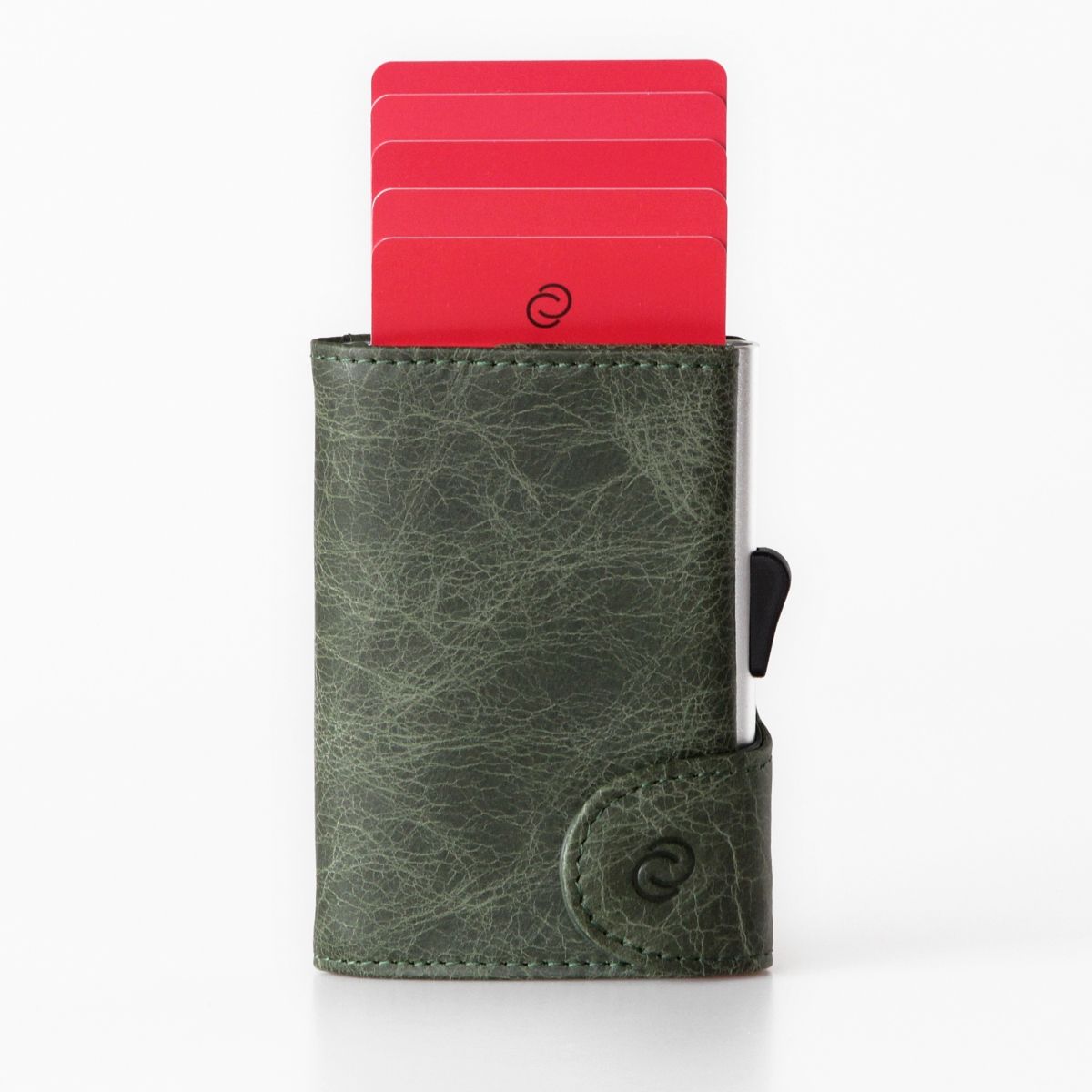 C-Secure Aluminum Card Holder with Genuine Leather and Coin Pouch - Green